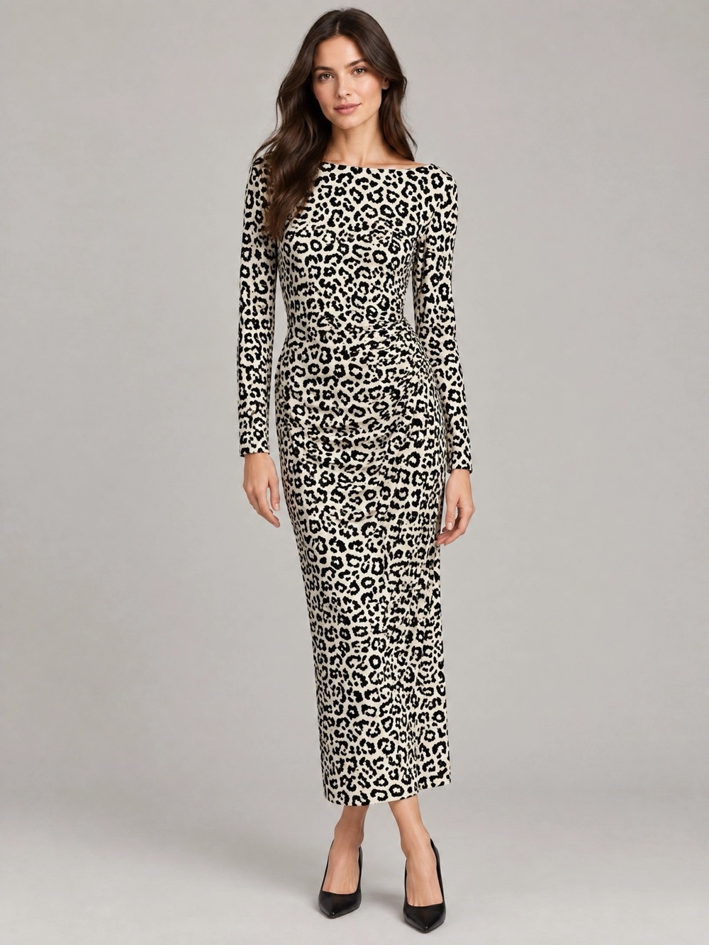 Leopard Print Long Sleeve Maxi Dress - Black & Cream